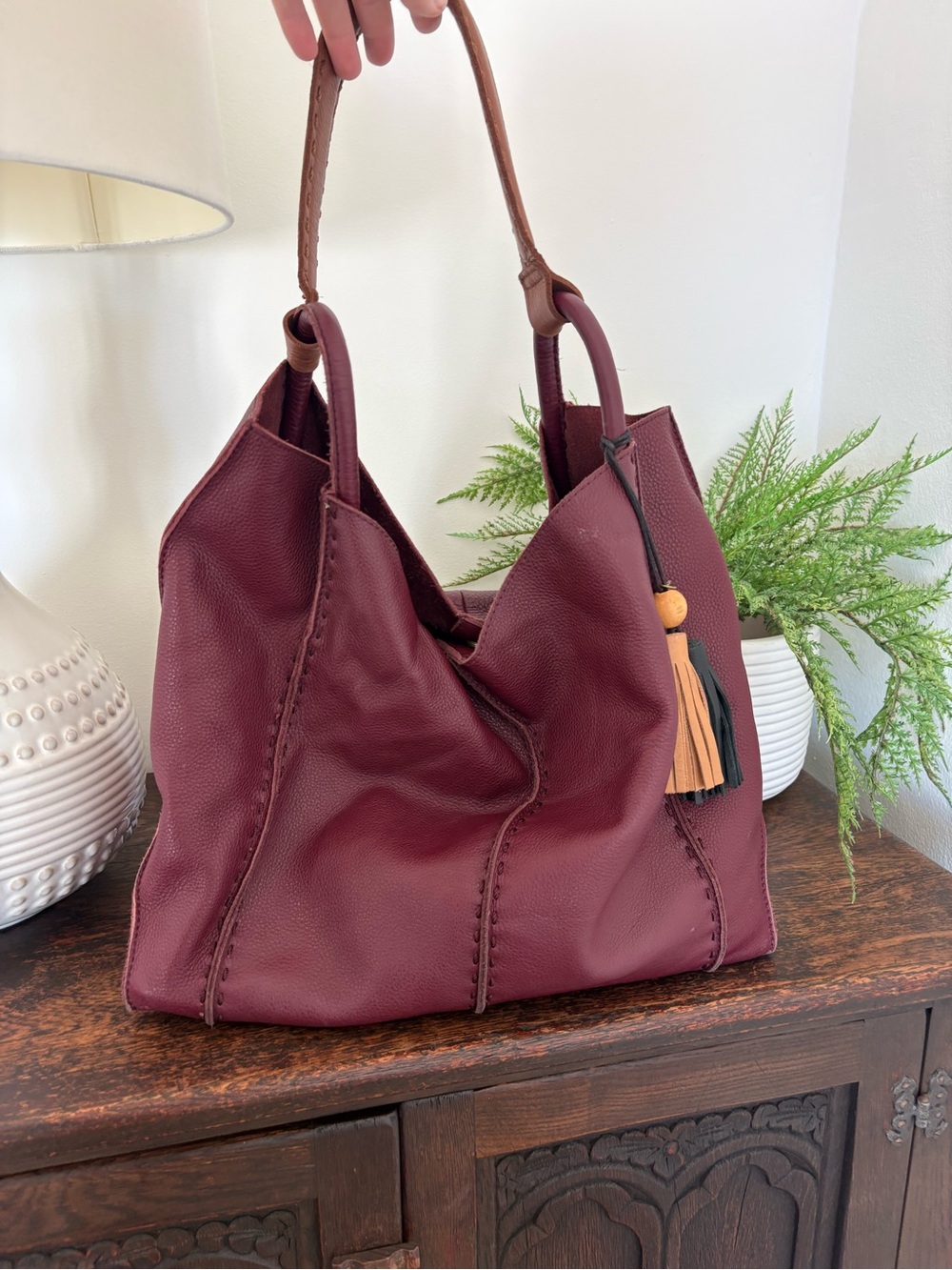 The Sak Los Feliz Burgundy Leather Tote Bag with Tassel - Picture 6 of 10
